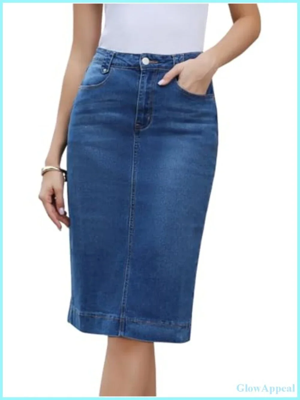 High Waist Denim Pencil Skirt with Back Slit, Knee Length, Cotton Blend Women's